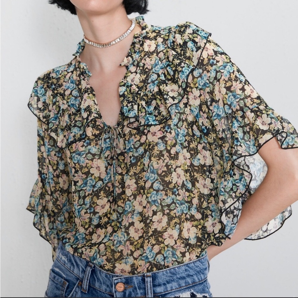 NWT - Zara Floral Printed Black Ruffle Tie Neck Blouse